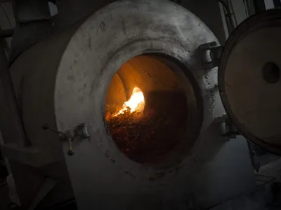 The refining furnace glowing during processing