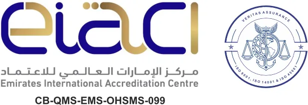 Emirates International Accreditation Centre and Veritas Assurance certification marks, accreditation reference CB-QMS-EMS-OHSMS-099
